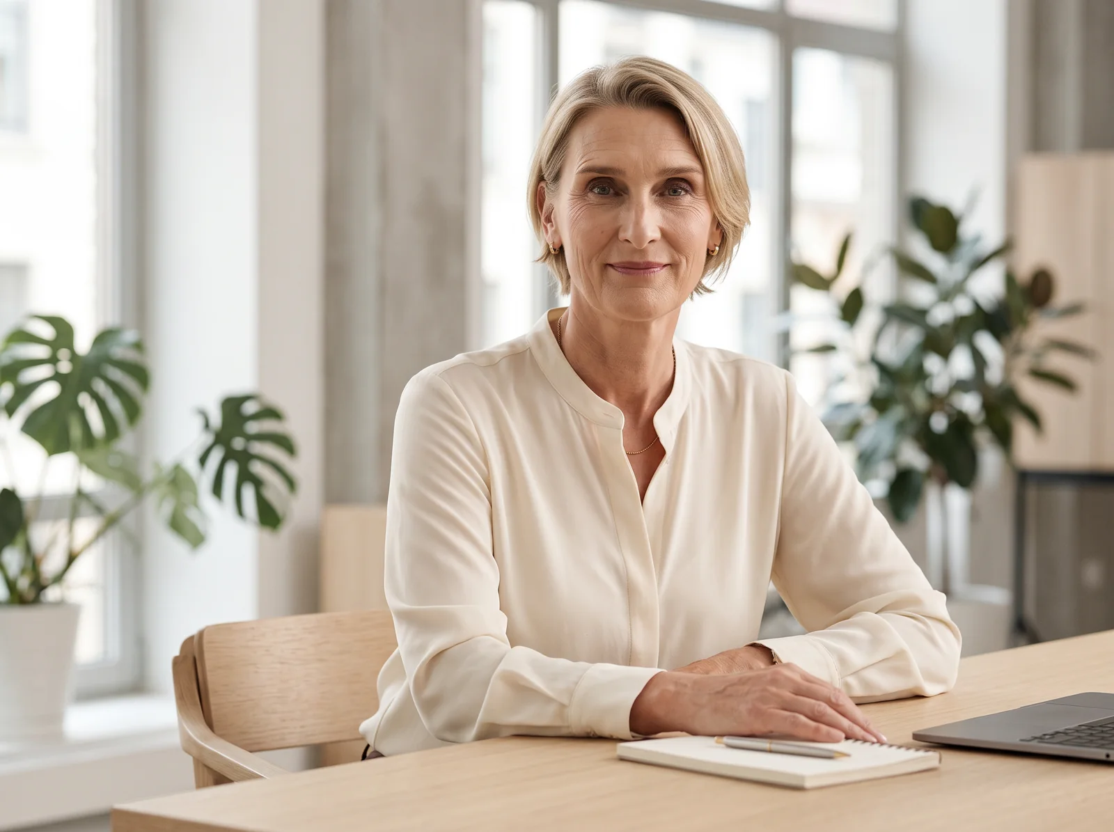Nanette am Schreibtisch in ihrem hellen Büro